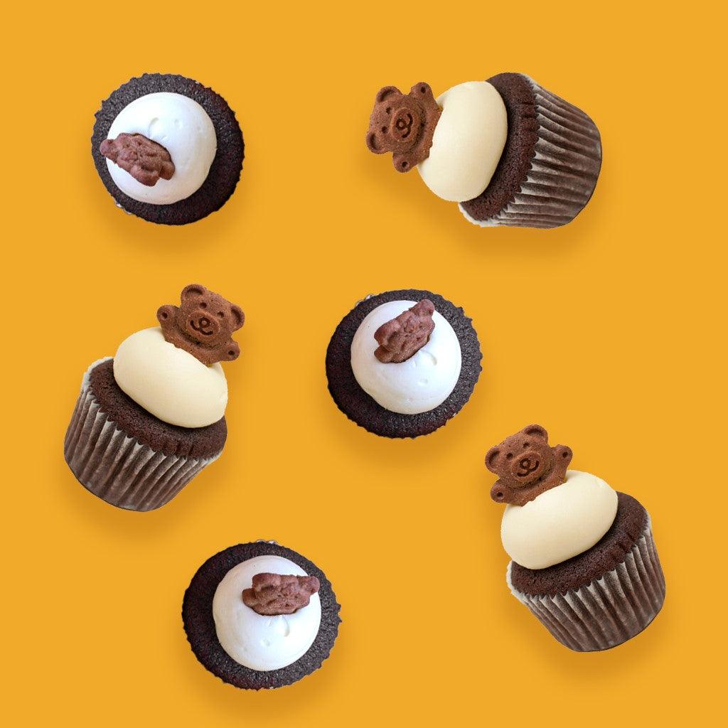 Tiny Teddy cupcakes in a group display

